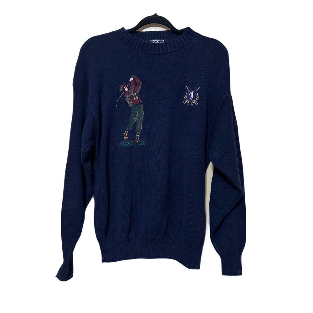 McBriar Vtg USA Chunky Knit Golf Embroidered Sweater Men M Navy Blue